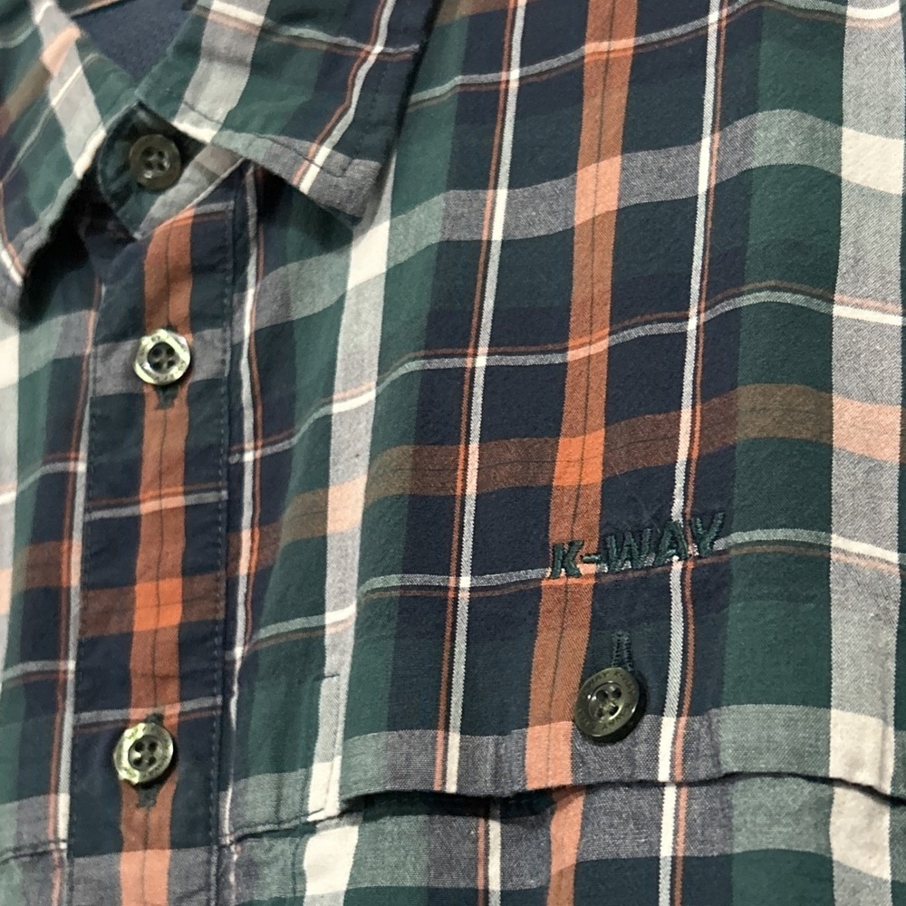 K-Way Shirt Men's‎ M Plaid Long Sleeve Button Down Vented Embroidered Spell Out